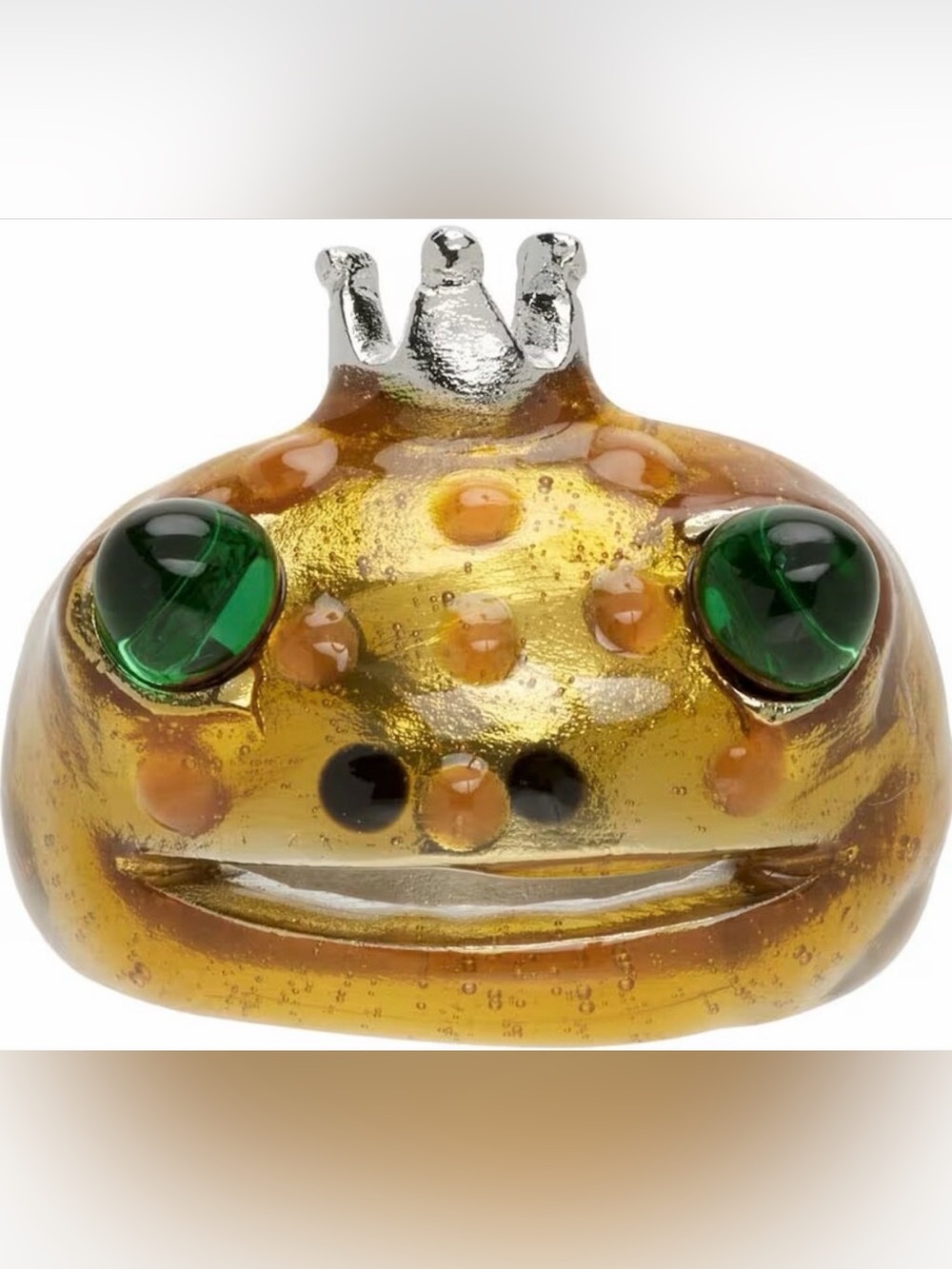 Collina Strada Amber Glass Frog Ring with Green Eye Accents and Silver Crown